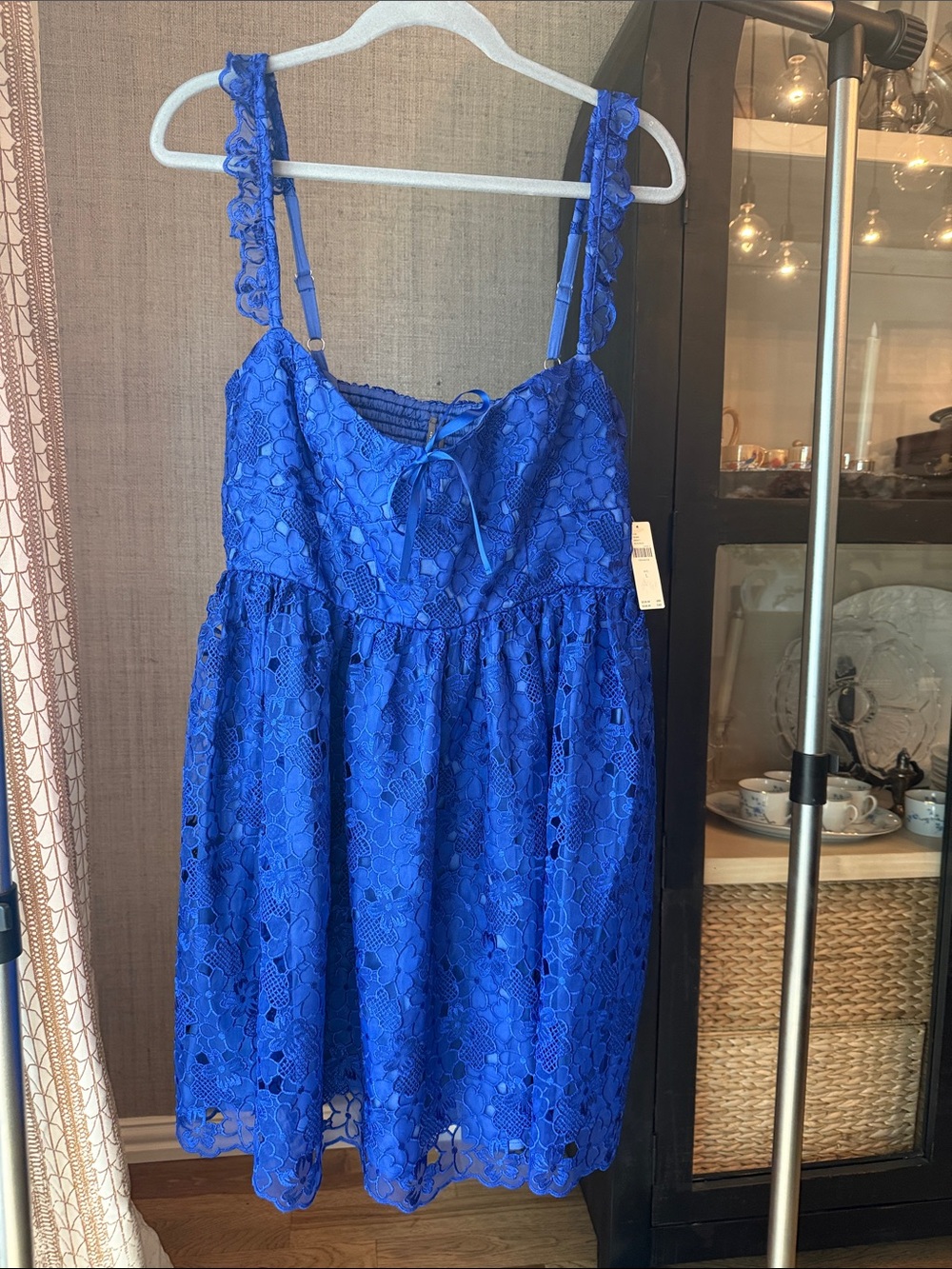 Anthropologie Cobalt Blue Lace Mini Dress with Ruffled Straps